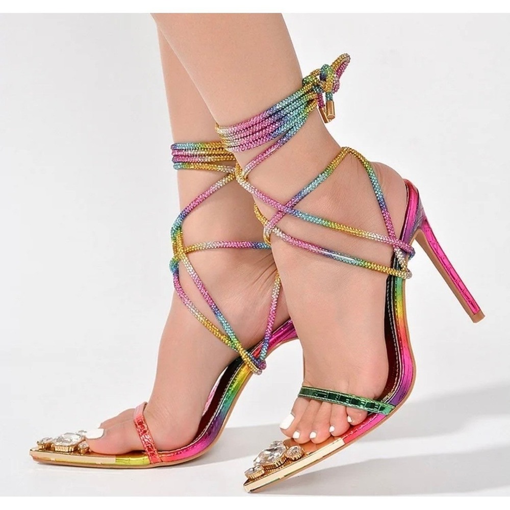 Cape Robbin Rainbow Rhinestone Wrap Around Stiletto Heels Mcbling Womens 7
